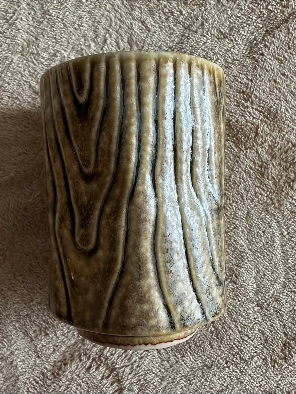 Studio Pottery Ceramic Cup Wood Grain Brown Green Glaze Cabin Mountains